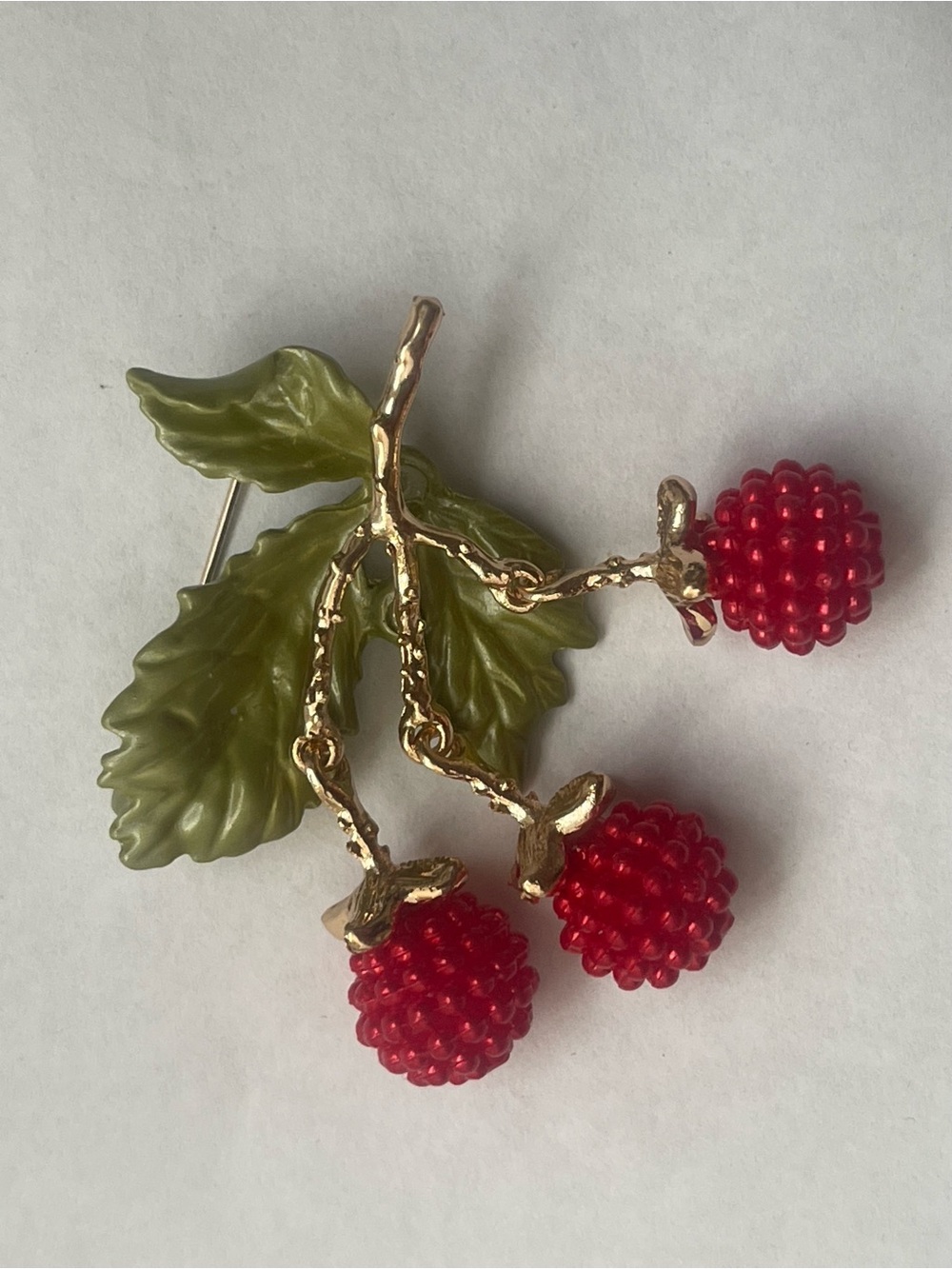 Gold-Tone Raspberry Brooch with Olive Green Leaves